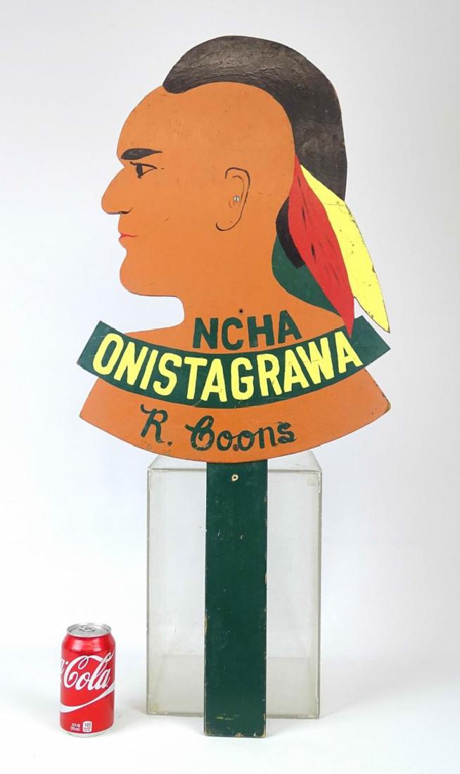 Sign, Native American head, R. Coons: Vintage sign "NCHA / ONISTAGRAWA / R. COONS". Painted wood. 34 1/2" Ht..