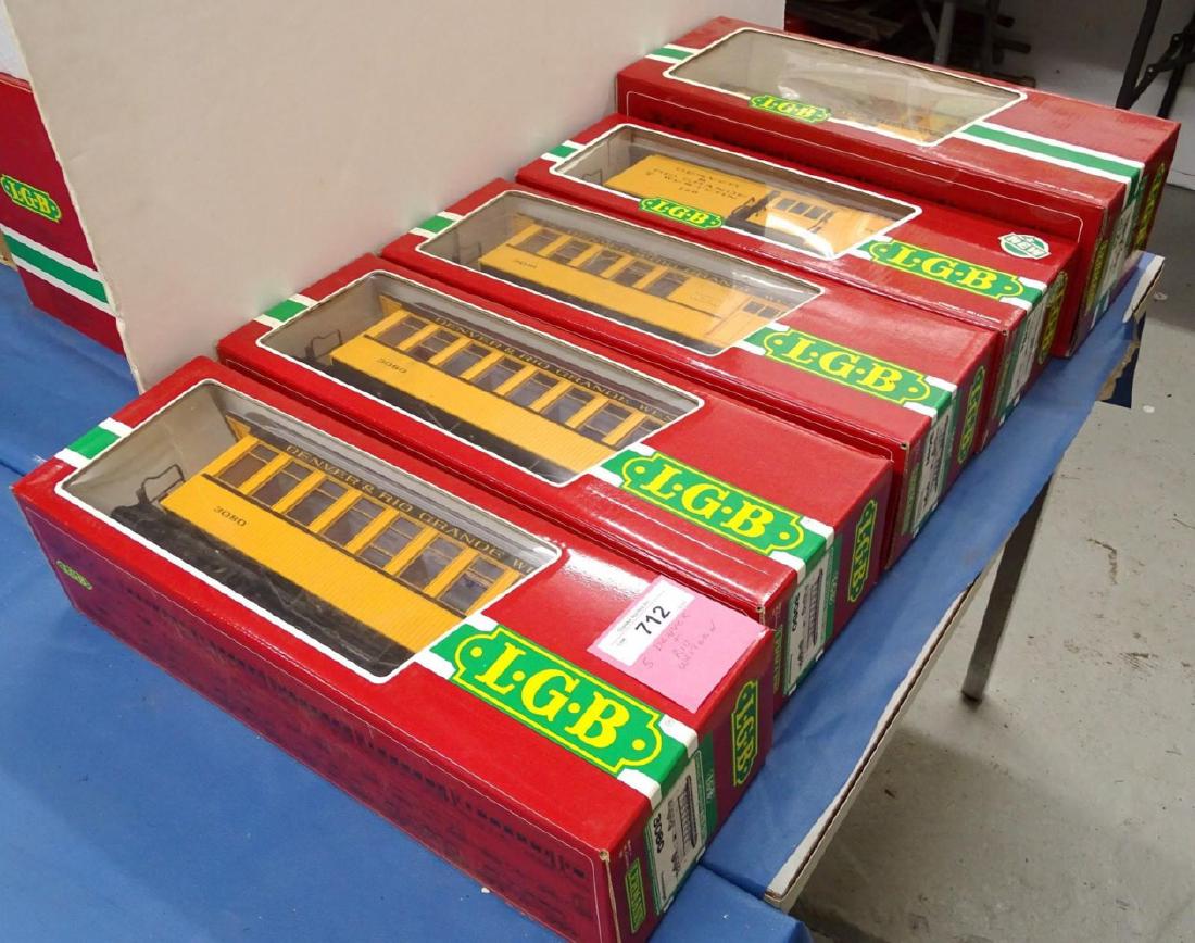 Train Lot: G Gauge LGB Denver & Rio Grand Western set including (2) #380 passenger cars. #3081 and #3084 baggage cars, #4175 caboose.