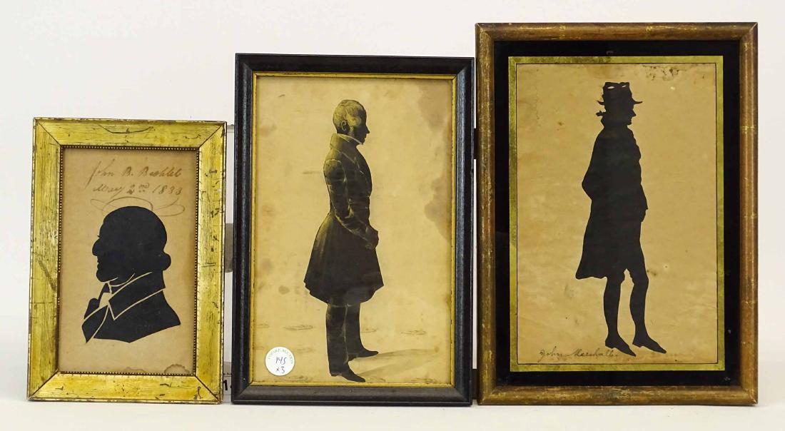 Silhouette Lot: Lot (3) 19th c. silhouettes. One signed "John Marshall" (sight 10 1/2' x 7"), one unsigned, possibly Auguste Edouart (sight 10 1/2" x 6 1/2"), other signed "John B. Booklet / May, 2nd 1833" (sight 4 1