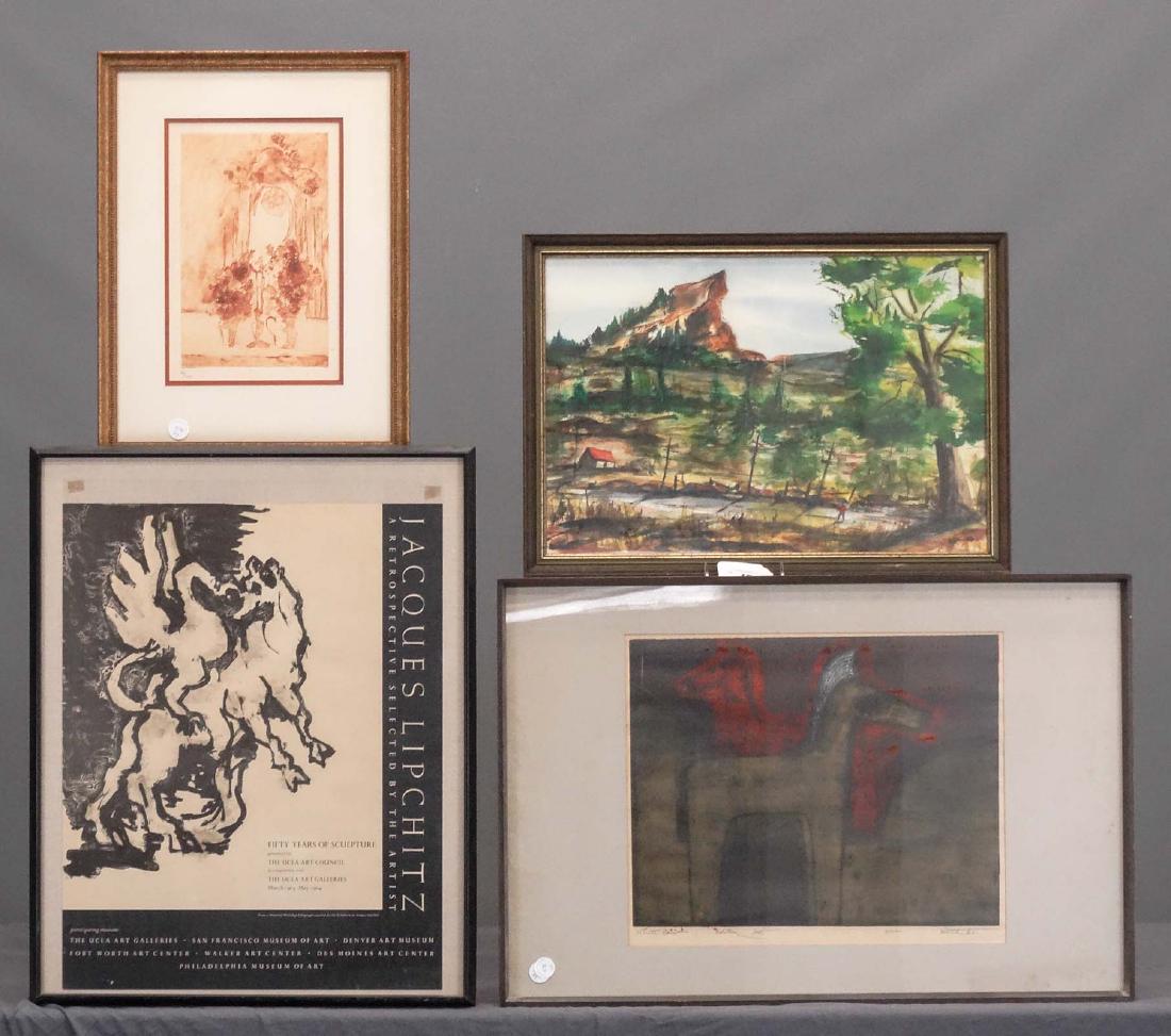 Artwork Lot: Lot including signed and numbered lithograph "White Hay / Edition 1/25, Manol 65" (sight 15" x 18"), Jacques Lipchitz gallery poster (frame overall 27" x 21"), Watercolor, landscape, signed "Kunkel" (