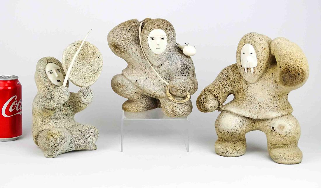 Inuit Art Lot: Lot (3) John Sinnok carved bone (?) Inuit art figures. 7" to 9" Ht..