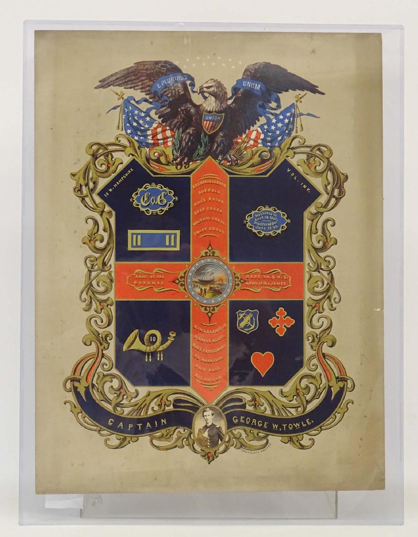 Early Civil War Artwork: Early original Civil War Memoriam artwork for Captain George W. Towle, Army of the Potomac / Dept. VA. & N.C. Army of the James". Unframed. 22 1/2" x 17".