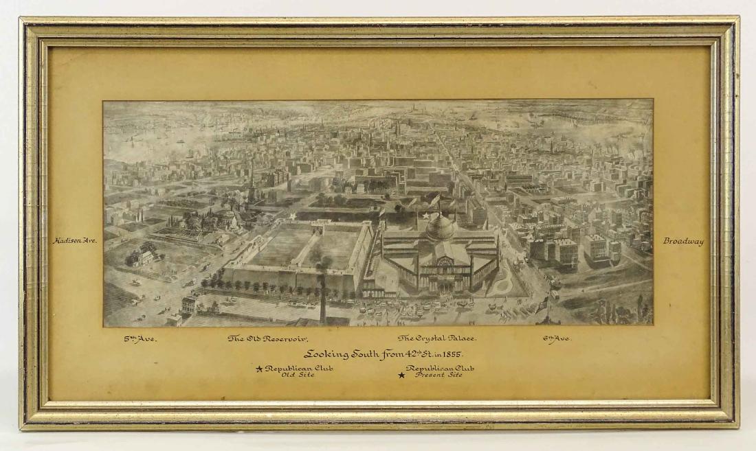 Original Republican Club Artwork: Original Republican Club artwork "The Old Reservoir / The Crystal Palace / Looking South from 42nd St. in 1855". Frame overall 15" x 26".