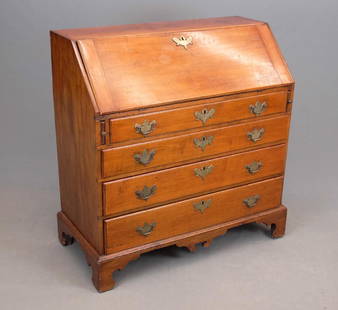 C. 1800 Chippendale Slant Lid Desk: 18th c. Chippendale slant lid desk. (4) graduated drawers, bracket base. Fitted interior. New England C. 1800. 40" x 18 1/2" x 42" Ht..