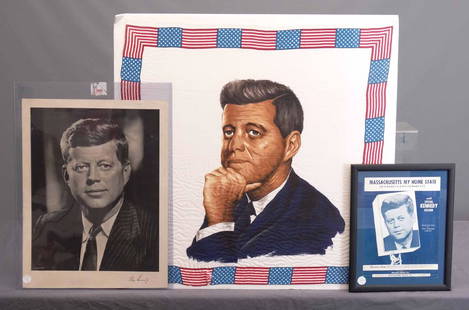 Kennedy Lot: Lot (3) pieces of Kennedy memorabilia. Includes sheet music (sight 12" x 9"), photo print (22" x 17"), handkerchief (30 1/2" x 30 1/2").