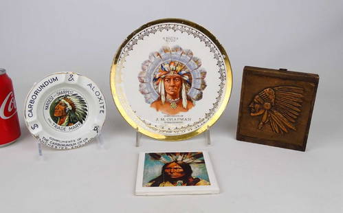 American Indian Lot: Lot (4) pieces including porcelain plate dated 1910, marked "COMPLIMENTS OF J. M. CHAPMAN TOBACCONIST, OLEAN N.Y." (8 1/2" D.), coaster, embossed copper, porcelain ashtray "COMPLIMENTS OF THE CARVORUN