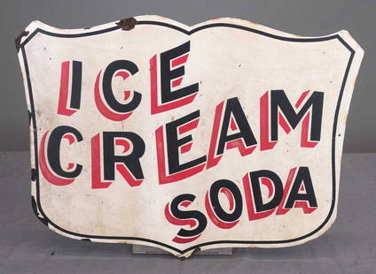 Trade Sign: C. 1900's sheet metal trade sign "ICE CREAM SODA". 21" x 26".