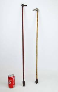 Cap Cane Lot: Lot (2) C. 1890's cast iron top cap canes. Eagle and duck heads. 32" and 34 1/2" L..