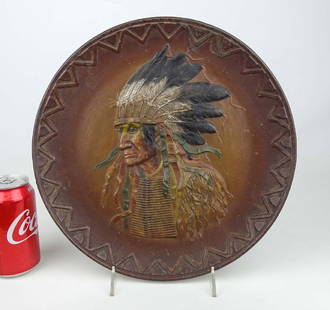 C. 1900 Cast Iron American Indian Relief Plate: C. 1900 cast iron American Indian relief plate. Marked reverse "3254". Possibly Bradley & Hubbard. 12 3/4" D..