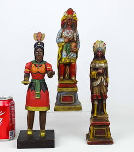 Miniature American Indian Cigar Figures: Lot (3) miniature American Indian cigar figures. One wood, (2) composition. 11 1/2" to 12" Ht..