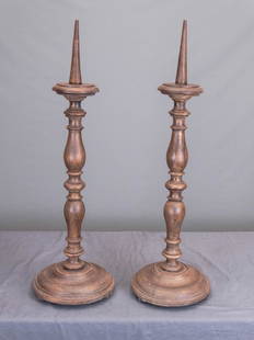 Pair Wooden Prickett Sticks: Pair 19th c. pine wooden prickett sticks. 36" Ht., base 11" D..