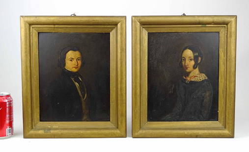 Pair 19th c. Portraits: Pair 19th c. portraits of man and woman. Oil on mill-board. English labels verso. 10" x 8".