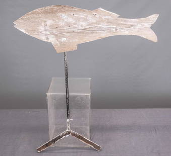 Wooden Fish Weathervane: Pine wooden fish weathervane. Worn paint surface, original forged iron roof mount. 26" x 8". Mount 30" Ht..