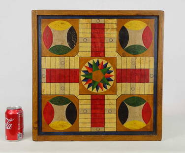 Game Board: Mid 20th c. polychrome painted game board (Parcheesi). Stamped backside "Hand Crafted by John Hulbert" (1934-2015, wood carver). 19 1/4" x 19 1/4".