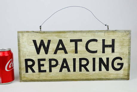 Trade Sign: Early 20th c. painted wooden trade sign "WATCH REPAIRING". 7 1/2" x 16 1/4".