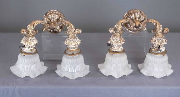 Pair Wall Sconces: Pair late 19th c. pine wall sconces. Later ruffled shades. 16 1/4" x 12".