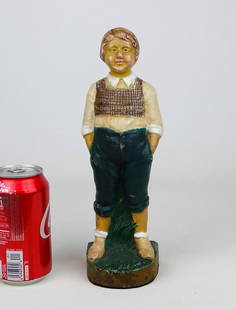 Doorstop: C. 1920 cast iron doorstop "Boy With Hands In Pockets". Fully body form. H. L. Judd Co., New Britain Ct.. Stamped "1273" rear of base. Reference: The Doorstop Book, Smith. p. 205. 11" Ht..