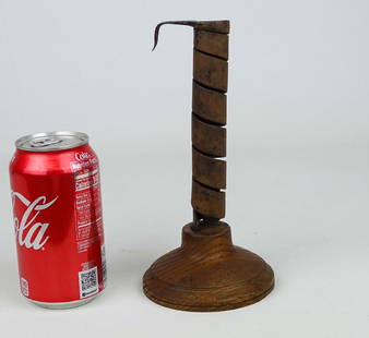 Spiral Candlestick: Early wood and forged iron spiral candlestick. 8" Ht..