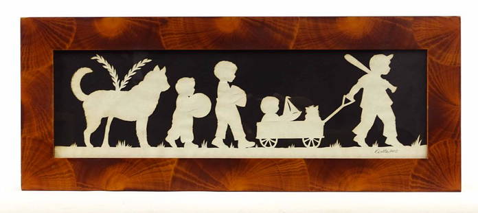Pamela Dalton (20th Century): Pamela Dalton (local artist, 20th Century), Scherenschnitte, dated 2010. Frame overall 8" x 20".