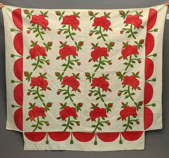 19th c. Applique Quilt: 19th c. Applique Quilt, Rose of Sharon red, green and white, signed and dated "Louisa Bicknell, Tunbridge / 1858" . 66" x 77".