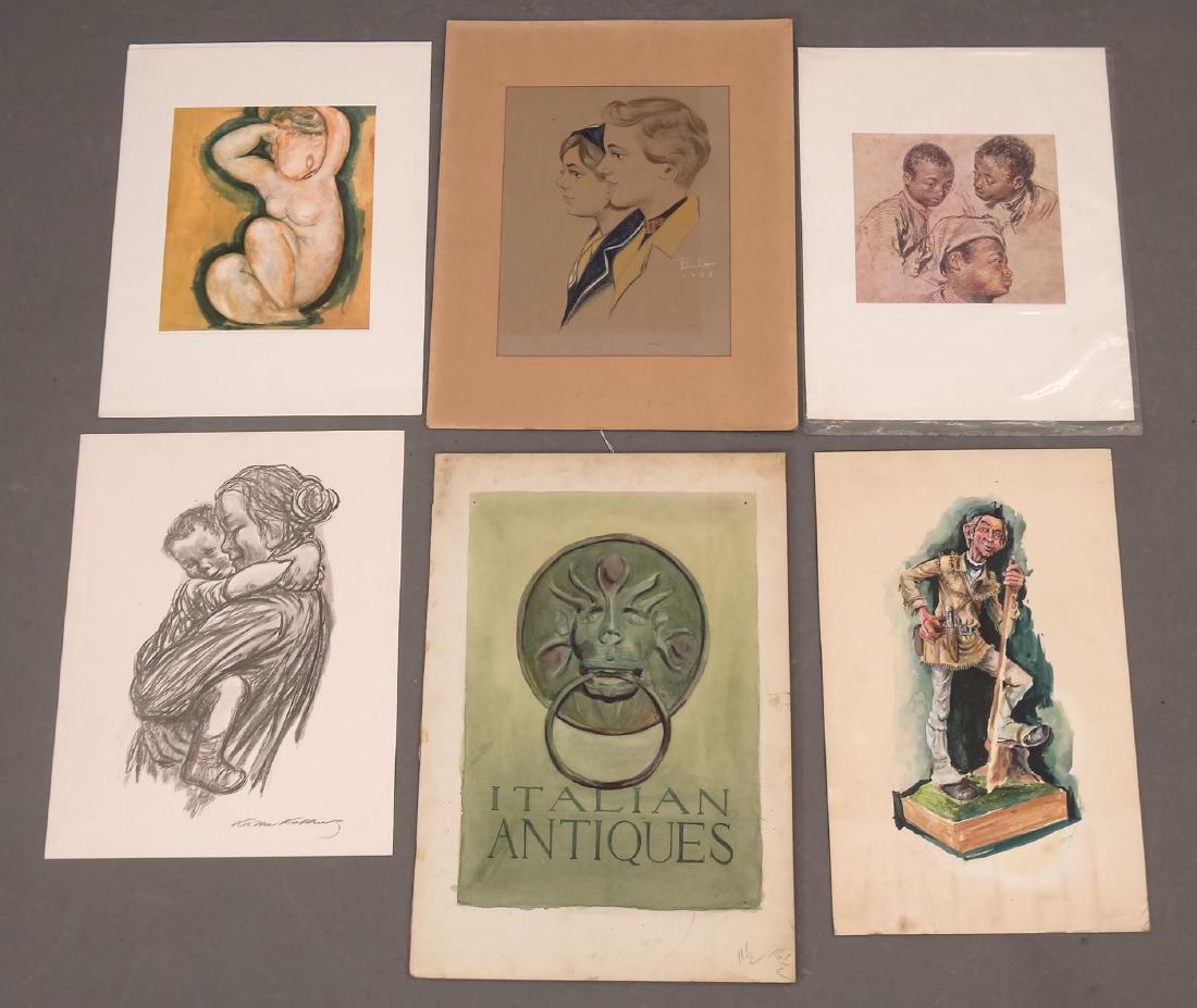 Artwork Lot: Lot (6) pieces of original art and prints. Includes watercolor "ITALIAN ANTIQUES" (22" x 15"), Modigliani print, watercolor, illustration of frontiersman (20 1/2" x 12 1/2"), Kathe Kollwitz print (18"