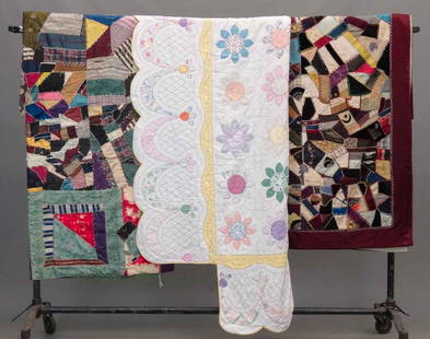Quilt Lot: Lot (3) quilts in "as found" condition. Includes (2) Crazy quilts and embroidered example.