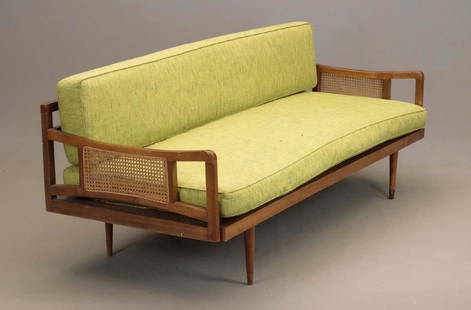 Mid Century Daybed: Mid Century daybed with rattan ends. 76" x 30" x 27".