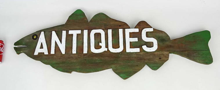 Trade Sign: Wooden painted fish trade sign "ANTIQUES". 40" x 14".