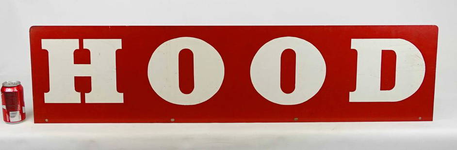 Trade Sign: Sheet tin trade sign "HOOD". 48" x 12". Two sided.