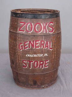 Painted Barrel: Painted barrel "ZOOK'S GENERAL / LANCASTER, PA. / STORE". 12" D., 18" Ht..