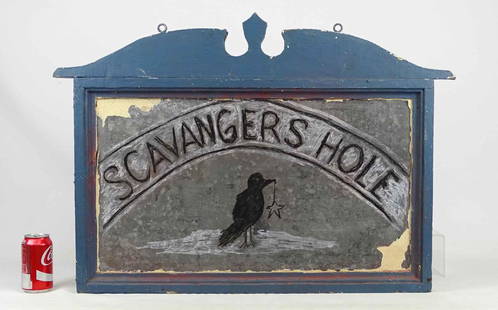 Trade Sign: Sheet metal and wood framed trade sign "SCAVENGERS HOLE". 24" x 34".