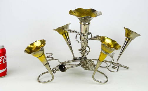 Epergne: Silverplate trumpet style fancy epergne. 22" x 16 1/2" x 10 1/2" Ht..