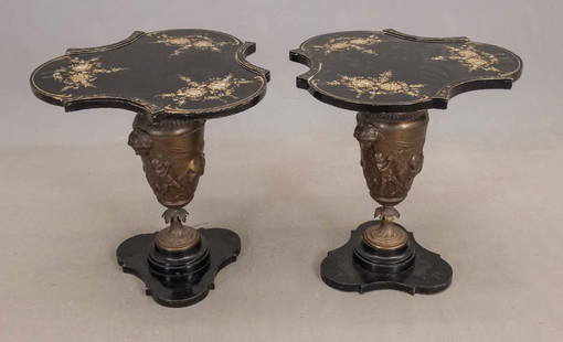 Pair Figural Side Tables: Pair of cast metal base shaped top side tables. Tops 19" D., 20 1/4" Ht..