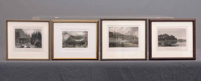 Early Framed Prints: Lot (4) 19th c. framed prints. Includes "VIEW OF THE CANAL / AT THE LITTLE FALLS MOHAWK RIVER" (sight 7 1/4" x 8 1/2"), "THE TWO LAKES AND THE MOUNTAIN HOUSE OF THE CATSKILLS" (Bartlett, sight 6 1/4"