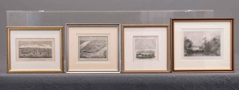 Early Framed Prints: Lot (4) 19th c. framed prints. Includes "WESTERN VIEW OF POUGHKEEPSIE N.Y." (sight 4 3/4" x 8 3/4"), "Methodist Church and Academy, at Rhinebeck" (sight 4 1/2" x 4 1/2"), "BIRD'S-EYE OF NEW YORK