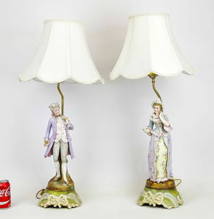 Pair Figural Lamps: Pair of porcelain figural lamps. Imperfections. 33 1/2" Ht.. Comes with (2) shades.