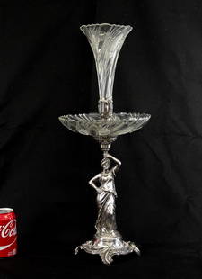 Silverplate Epergne: Silverplate and glass figural epergne. 24" Ht.