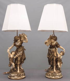 Auguste Moreau Lamps: Pair of vintage figural white metal lamps. 32" overall Ht.. Marked "Auguste Moreau" (France 1834-1917).