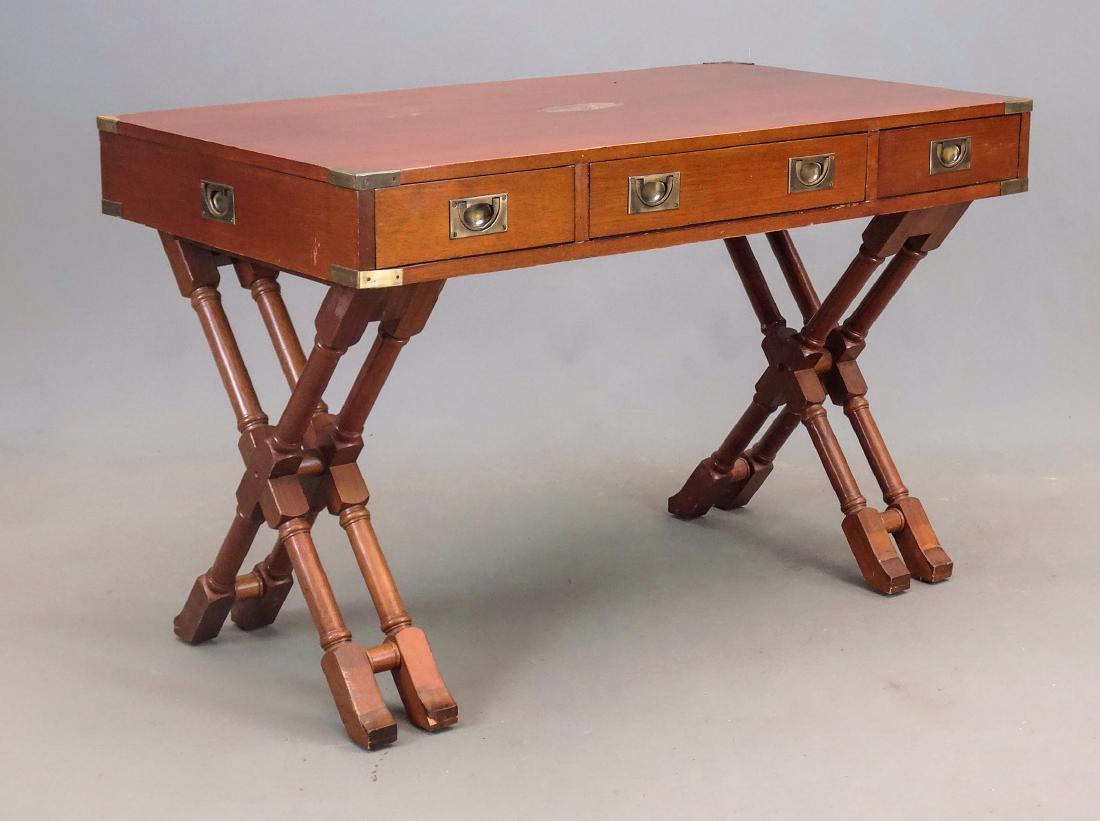 Campaign Style Desk: Campaign style three drawer desk with inset brass hardware. 48 1/2" x 27 1/4" x 31" Ht..
