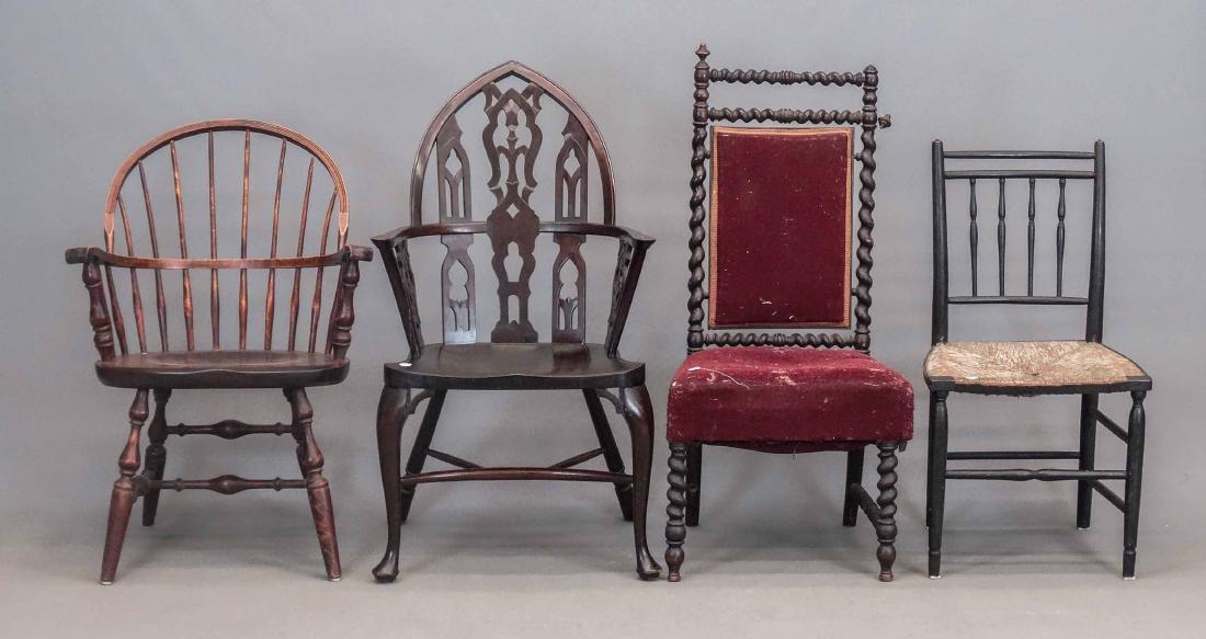 Chair Lot: Lot (4) various chairs including (2) 20th c. Windsors (one has loose spindle), 19th c. rush seat chair and early spool chair (finial broken).