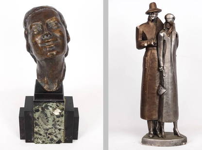 Sculpture Lot: Lot (2) sculptures including bronze head of a woman on marble base signed "DECOUX" (Michel Decoux Belgium 1837-1924, 19" Ht.), and plaster Art Deco statue (25" Ht., marked Austin Productions, as found