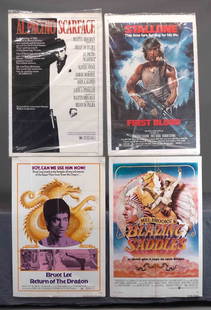 Vintage Movie Posters: Lot (4) vintage movie posters "SCARFACE" (Pacino), "RETURN OF THE DRAGON" (Lee), "FIRST BLOOD" (Stallone), "BLAZING SADDLES" (Brooks). 41" x 27".