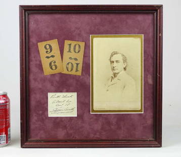 Edwin Booth Cabinet Photograph Lot: Framed mockup including rare Edwin Booth cabinet photograph, autographed note and (2) theater tickets. Sight 11" x 11".