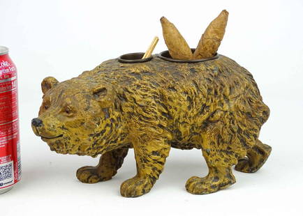 Spelter Metal Bear Cigar & Match Holder: C. 1900 spelter metal walking bear cigar & match holder. 9" L., 4 1/2" Ht..