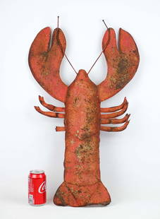 Trade Sign: Sheet metal lobster trade sign in red paint. 17" x 29".