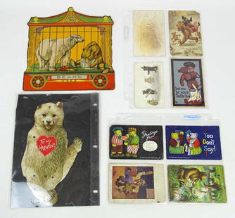 Teddy Bear Postcards & Valentine: Lot including (8) collectable Teddy Bear postcards, cardboard toy Circus bear cage and Valentine (10" x 9 1/2").