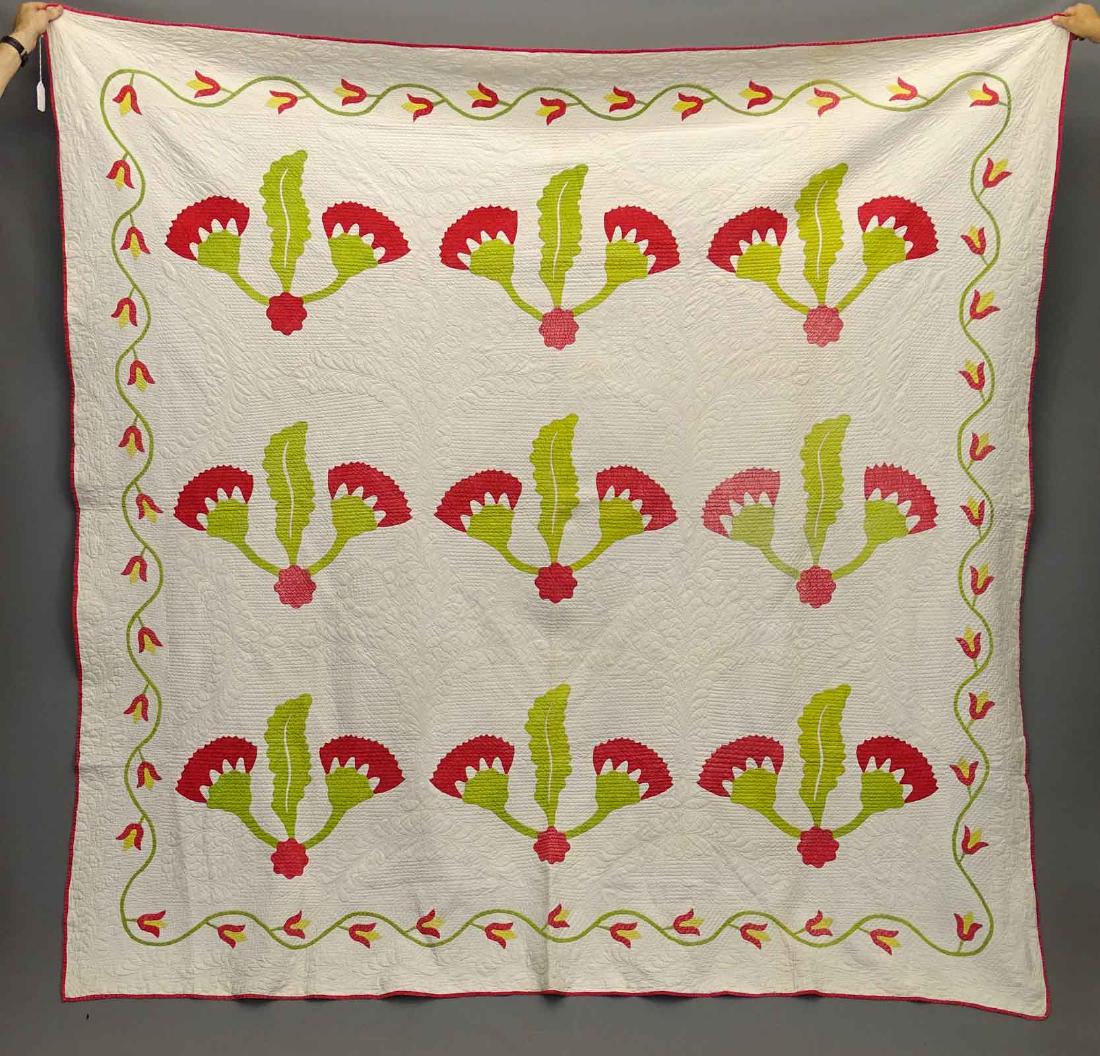 19th c. Floral Applique Quilt: 19th c. New York State red, green and white floral applique quilt. 80" x 91".