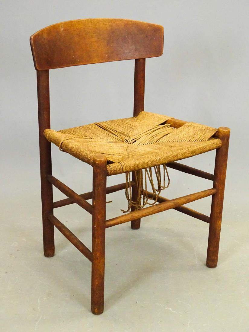 Borge Mogensen J 39 Chair: Borge Mogensen J 39 chair. Marked with burn mark on upper leg. 17 1/2" seat Ht., 30" overall Ht.. Seat in need of repair.