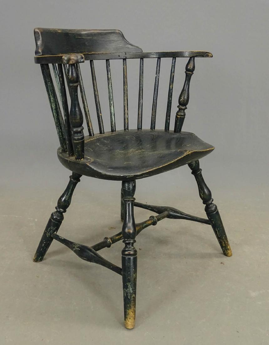 Windsor Armchair: Knuckle arm Windsor armchair in blue paint. 17" seat Ht., 30" overall Ht..