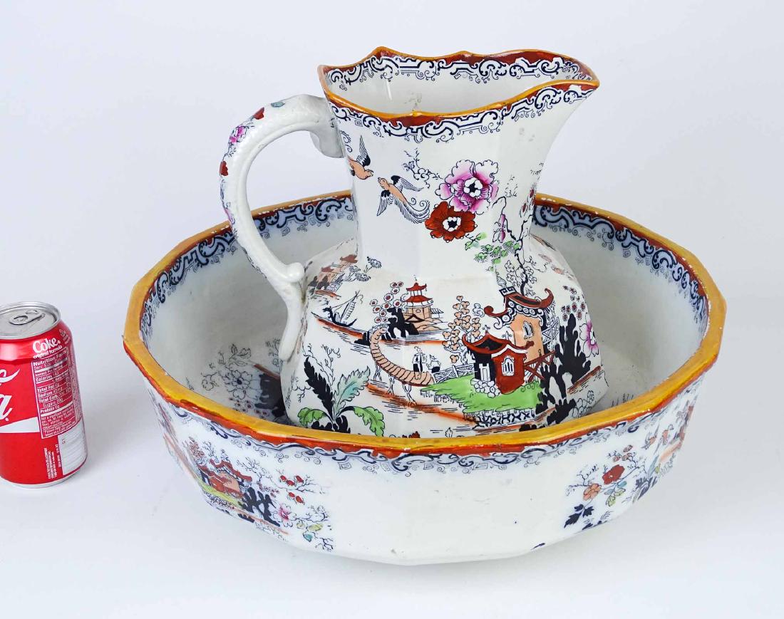 19th c. Ironstone Pitcher & Bowl: 19th c. Ironstone pitcher and bowl. Bowl 16" D., pitcher 11" Ht..